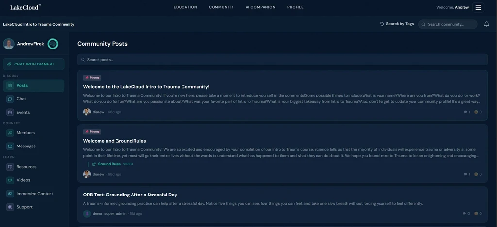 LakeCloud Community Posts with welcome messages and member discussions